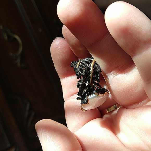 14k gold dipped 925 sterling silver oxidized coin pearl amethyst blue topaz ring - Picture 4 of 13